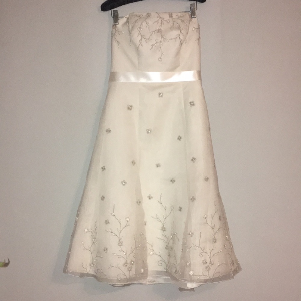 Ivory strapless tea length organza gown size 6